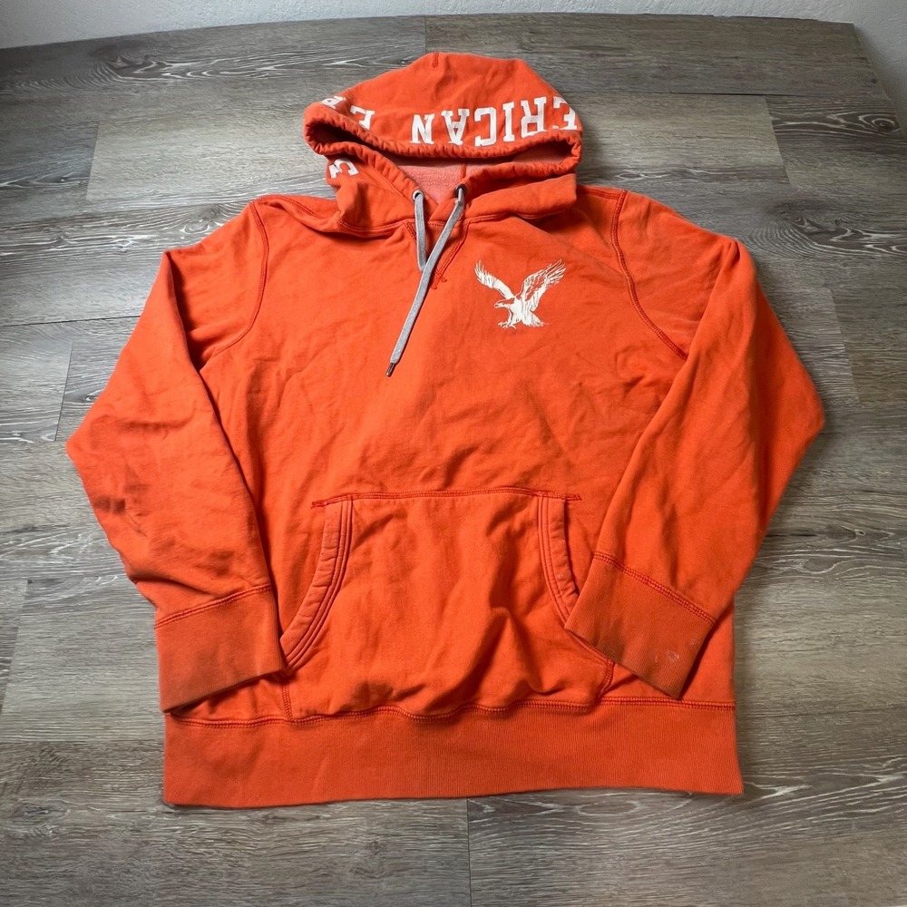 American Eagle Hoodie Mens Large Orange‎ Embroidered Logo Vintage Classic Fit
